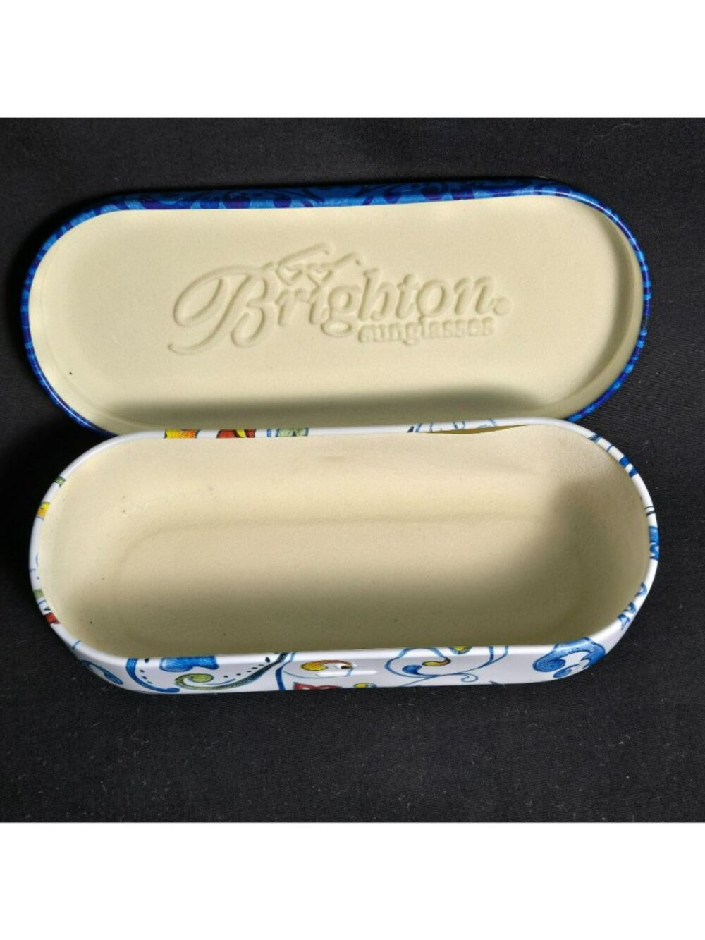 Brighton Sunglass Case Eyeglass Hinged Tin Box Scroll Floral Blue White 6" - Picture 5 of 10